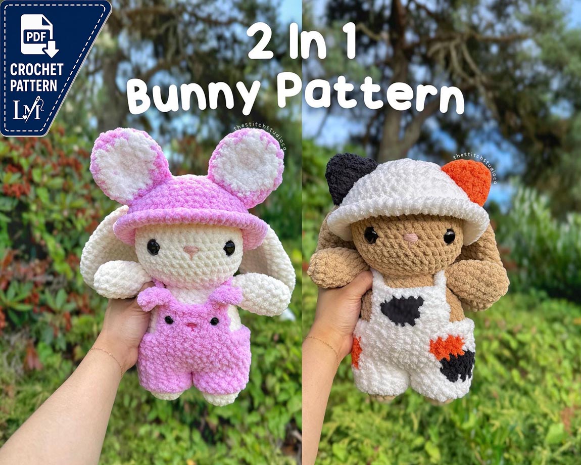 2 In 1 Bunny Plushie In Animal Outfits Crochet Pattern | Calico Cat and Bunny Costume | Removable Overalls and Hat | Bunnies In Clothes